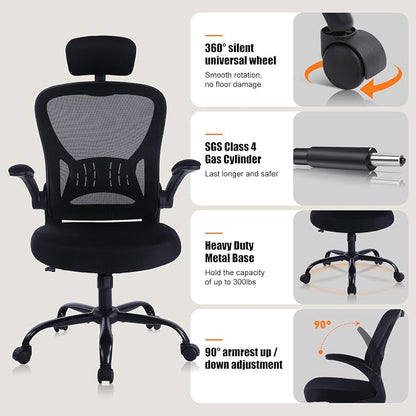ralex-chair Ergonomic Office Chair with Adjustable Headrest & Lumbar Support, Computer Desk Chair with Flip-Up Armrests, Comfortable for Home, Office, Conference Room