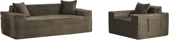 2 Pcs Living Room Cloud Sofa Set, Boneless Sofa Couches with Cup Holder with Side Pocket for Compact Living Rooms, Apartments (Brown, Single Chair and 3 Seat Sofa)