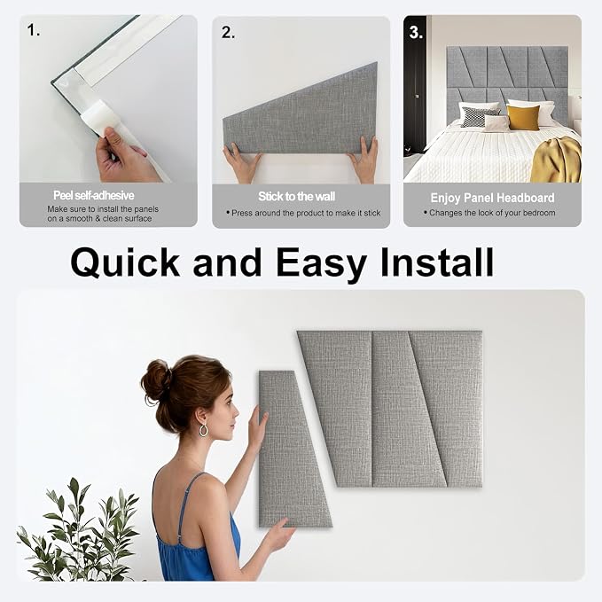 Peel and Stick Headboard for Queen Bed Linen Fabric Upholstered Wall Mounted Headboard - Wall Padding Panel in Light Grey for Bedroom/Living Room/Dorm (6 Panels)