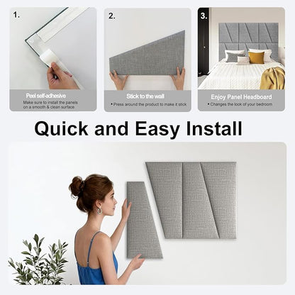 Peel and Stick Headboard for Queen Bed Linen Fabric Upholstered Wall Mounted Headboard - Wall Padding Panel in Light Grey for Bedroom/Living Room/Dorm (6 Panels)