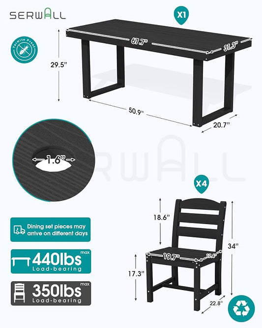 SERWALL HDPE Outdoor Dining Set for 4, 67'' Patio Table and Chairs Set | with Armless Seat