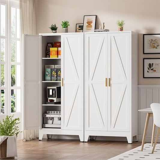 Metal Kitchen Pantry Cabinet, 61" White Farmhouse Storage Cabinet with 2 Vintage Barn Doors and 3 Adjustable Shelves, Rustic Freestanding Cupboard for Kitchen,Home Office Living Room,Dining Room