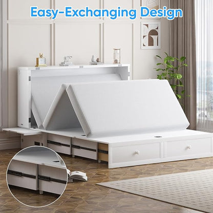 PUREMIND Murphy Bed Queen - Solid Wood Cabinet Bed with Storage Drawers & USB Ports - Space Saving Wallbed Hideaway Murphy Beds for Guest Room, Home Office, No Mattress Included, White