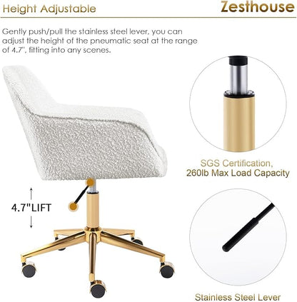 Zesthouse Modern Desk Chair with Wheels, White Swivel Vanity Chair for Girls Women, Upholstered Home Office Chair Boucle Armchair for Bedroom, Height Adjustable Computer Task Chair, Gold Base