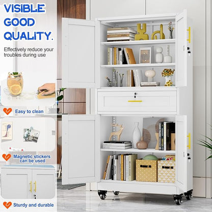 GAIOUS Metal Garage Storage Cabinet with Wheels and Drawer, Steel File Cabinet for Home Office, 71'' Tall Tool Cabinet with 4 Locking Doors and 3 Adjustable Shelves, Rolling Cabinet for Garage - White