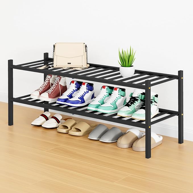 Smiry Long Bamboo Shoe Rack, 2 Tier Free Standing Wooden Shoe Organizer, Stackable Wood Shoe Storage Shelf for Closet, Entryway, 12 Vertical Slats, One-piece Standard Legs, 33.7"x11"x13", Black