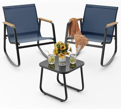 Ahomly 3-Piece Outdoor Rocking Bistro Set, Outdoor Patio Furniture Set with Textilene Fabric, Patio Rocking Chairs and Glass Table for Garden Balcony Backyard Poolside Blue