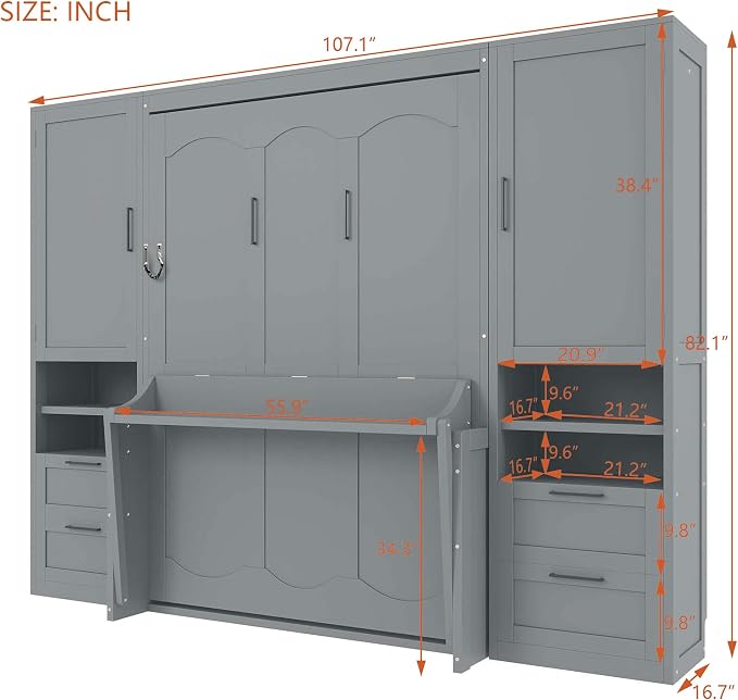 Full Size Murphy Bed with Storage, Wall Bed with Closet and Drawers | Top shelf, side wardrobe and two drawers keep bedding, clothes and daily items organized in a compact cabinet