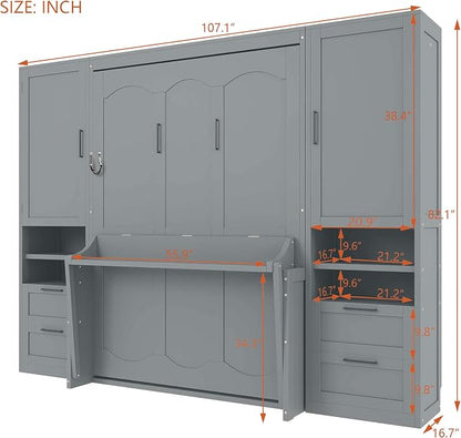 Full Size Murphy Bed with Storage, Wall Bed with Closet and Drawers | Top shelf, side wardrobe and two drawers keep bedding, clothes and daily items organized in a compact cabinet