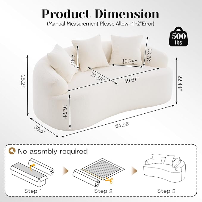 65" Curved Loveseat,Deep Seat Cloud Floor Couch with 3 Backrest,Cozy Chenille Fabric,Small Loveseat for Small Spaces,Bedroom,Office,Apartment (White, 65 Inch)