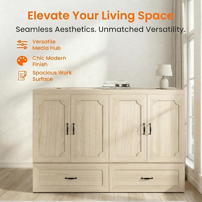 CECER Queen Murphy Bed with Mattress for Small Space/Guest-Natural Wood | Large Storage Drawer ＆ Built-in Multi-Port Charging Station，Space Saving ＆ Easy Assemble and Conversion