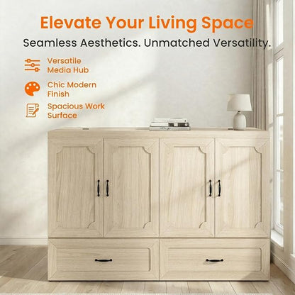 CECER Queen Murphy Bed with Mattress for Small Space/Guest-Natural Wood | Large Storage Drawer ＆ Built-in Multi-Port Charging Station，Space Saving ＆ Easy Assemble and Conversion