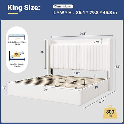 Allewie King Size Lift Up Storage Bed Frame,Storage Shelf Headboard with Charging Station,Type-C and USB Ports,Hydraulic Support,Velvet Upholstered Bed Frame,No Box Spring Needed,White