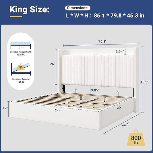 Allewie King Size Lift Up Storage Bed Frame,Storage Shelf Headboard with Charging Station,Type-C and USB Ports,Hydraulic Support,Velvet Upholstered Bed Frame,No Box Spring Needed,White