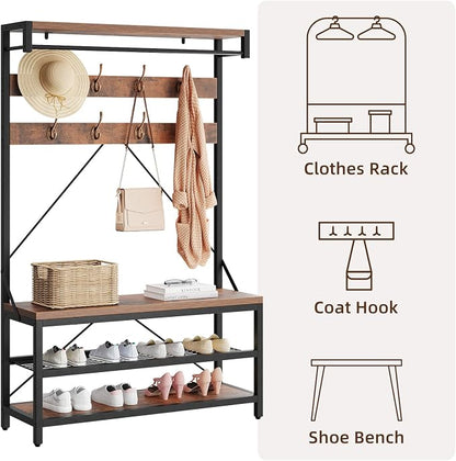 IDEALHOUSE Industrial Hall Tree with Bench and Shoe Storage, 3-in-1 Entryway Mudroom Organizer with 8 Coat Hooks, Heavy Duty Standing Clothes Rack for Hallway, Rustic Brown