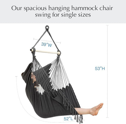 PNAEUT Hammock Chair with Tassel Hanging Rope Swing for Outside Indoor for Bedroom, Outdoor, Patio (Dark Gray with Tassels)