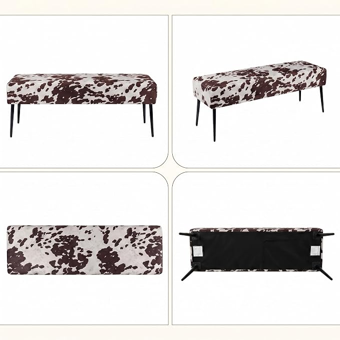 DUHOME Velvet Bench Ottoman, Upholstered Bedroom Benches Cow Print End of Bed Bench with Black Metal Base for Entryway Dining Room Living Room Bedroom, Brown