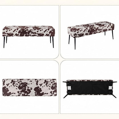 DUHOME Velvet Bench Ottoman, Upholstered Bedroom Benches Cow Print End of Bed Bench with Black Metal Base for Entryway Dining Room Living Room Bedroom, Brown