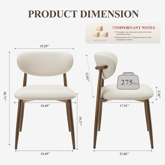 MALOL Upholstered Dining Chairs Set of 6, Curved Back Kitchen Chairs with Metal Legs and Anti Slip Pads, Dining Room Chair for Home and Restaurant, Beige