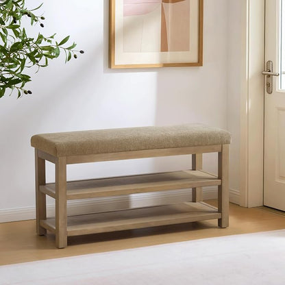 Zihanhome 2 Tier Shoe Rack Bench with Cushion, Solid Wood Shoe Benches, Mid-Century Modern Shoe Storage Bench for Entryway, Hallway, Living Room, Closet, Front Door Entrance, (Brown, 39.4")