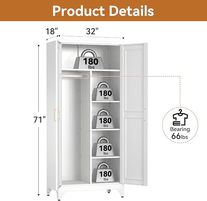 Polup Metal Armoire Wardrobe Closet, 71" Tall White Wardrobe Cabinet with 2 Doors, Hanging Rod and Adjustable Shelves, Steel Clothing Storage Cabinet for Bedroom, Home, Employee, Gym, Office
