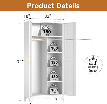 Polup Metal Armoire Wardrobe Closet, 71" Tall White Wardrobe Cabinet with 2 Doors, Hanging Rod and Adjustable Shelves, Steel Clothing Storage Cabinet for Bedroom, Home, Employee, Gym, Office