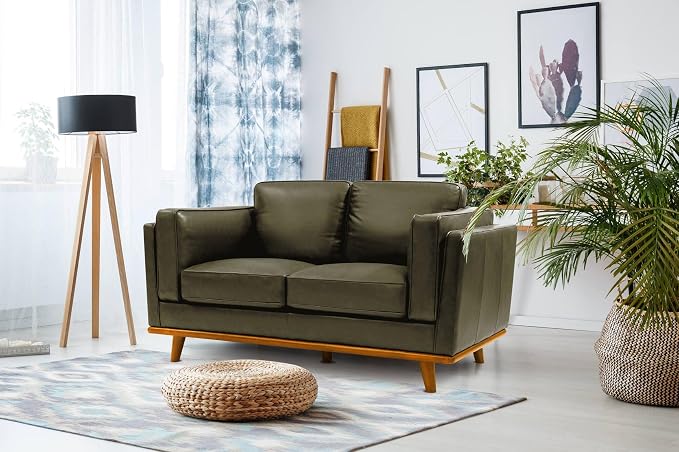 Valencia Artisan Full Leather Loveseat Sofa 66” - Pure Full Italian Nappa Leather Couch, Solid Wood Accent, Ultimate Comfort, Dark Green