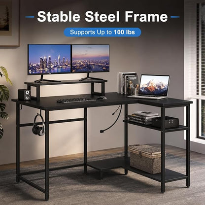 DEVAISE Compact 43" L Shaped Gaming Desk with LED Lights and Power Outlets - Corner Computer Table with Monitor Stand and Storage Shelves for Work and Gaming, Black
