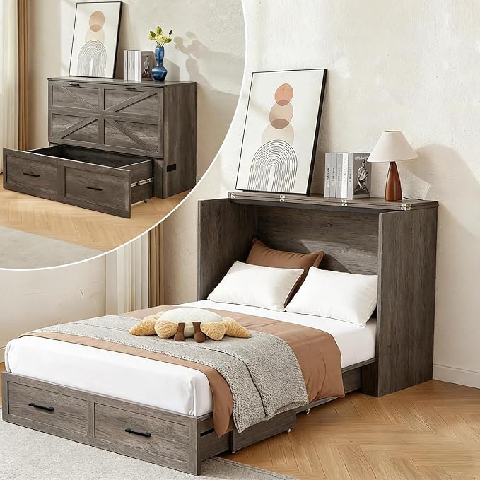 Murphy Bed Full Size Cabinet with Drawer Hidden Beds with Charging Station Farmhouse Wood Space-Saving Hidden Folding Chest Cabinet Bed for Bedroom, Office, School, Rustic Grey