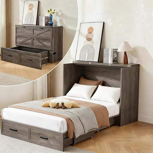 Murphy Bed Full Size Cabinet with Drawer Hidden Beds with Charging Station Farmhouse Wood Space-Saving Hidden Folding Chest Cabinet Bed for Bedroom, Office, School, Rustic Grey
