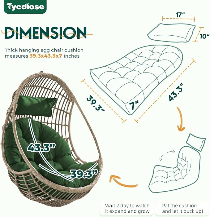 Outdoor Hanging Egg Chair Cushion Replacement, Thicken Egg Chair Cushion Waterproof Basket Eggs Chairs Cushion with Headrest Pillow, U-Shaped Cushions for Hanging Eggs Chairs Swing (Green)