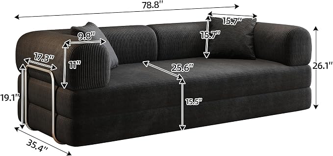 JINGLING 79" Queen Sleeper Sofa Bed with Memory Foam, Compressed Couch in a Box, Foldable Convertible Small Couches for Small Spaces Bedroom Game Room, Corduroy Fabric, Black