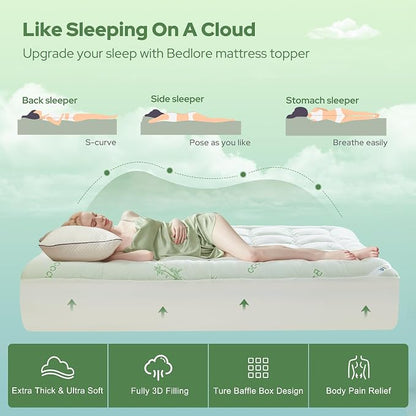 BEDLORE King Mattress Topper Viscose Derived from Bamboo, Thick Pillow Top Mattress Pad with Stretchable Pockets for 6"-18" Mattress, Soft Breathable Mattress Topper for Back Pain Relief