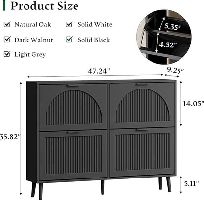 Xixini Shoe Storage Cabinet with 4 Flip Drawers, 36" Freestanding Wood Fluted Shoe Organizer for Entryway, Tall Narrow Wooden Hidden Slim Shoe Rack for Front Door Entrance, Hallway, Foyer, Solid Black