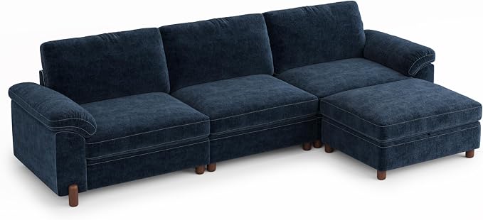 SITJOY Large Cloud Couch, 118" Wide 3 Seater L Shape, Chenille in Navy Blue | Detachable and Washable Chenille Cover Sectional Sofas for Living Room, Deep Seat Wide Couch with Chaise, Storage Ottoman