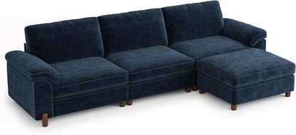 SITJOY Large Cloud Couch, 118" Wide 3 Seater L Shape, Chenille in Navy Blue | Detachable and Washable Chenille Cover Sectional Sofas for Living Room, Deep Seat Wide Couch with Chaise, Storage Ottoman