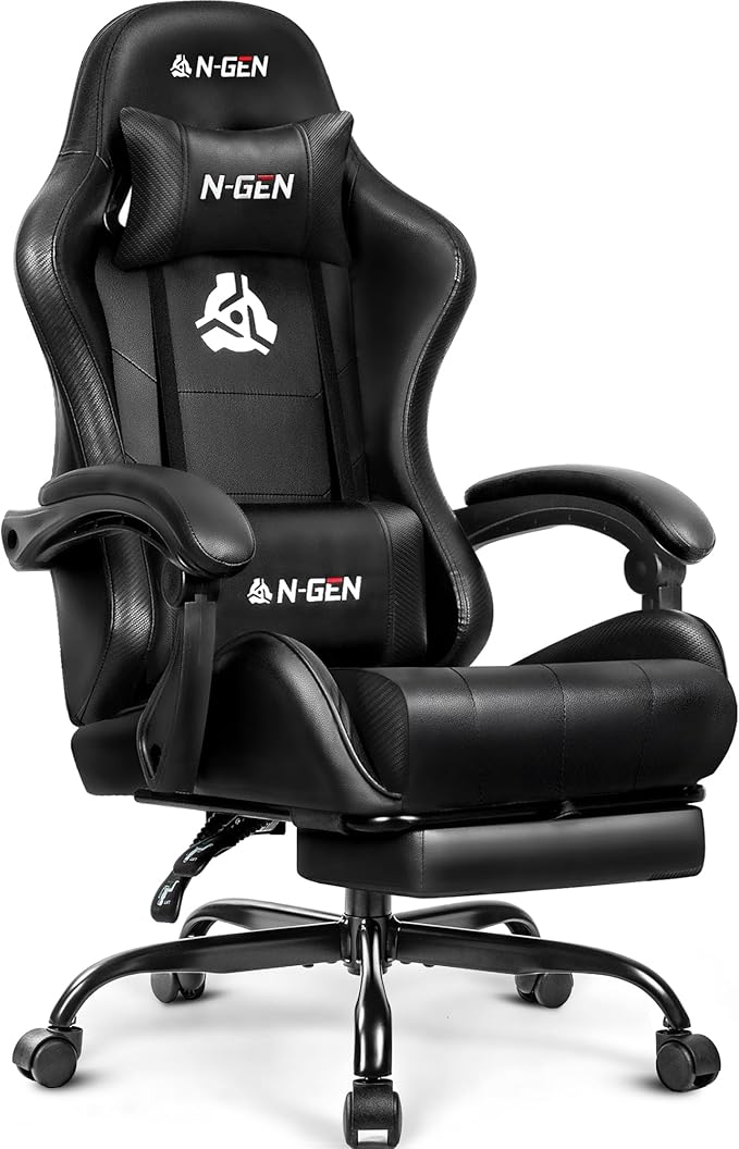 N-GEN GAMING Video Gaming Chair with Footrest Lumbar Support for Home Office High Back Recliner Height Adjustable Ergonomic Comfy Leather Computer Desk Chair (Deep Black)