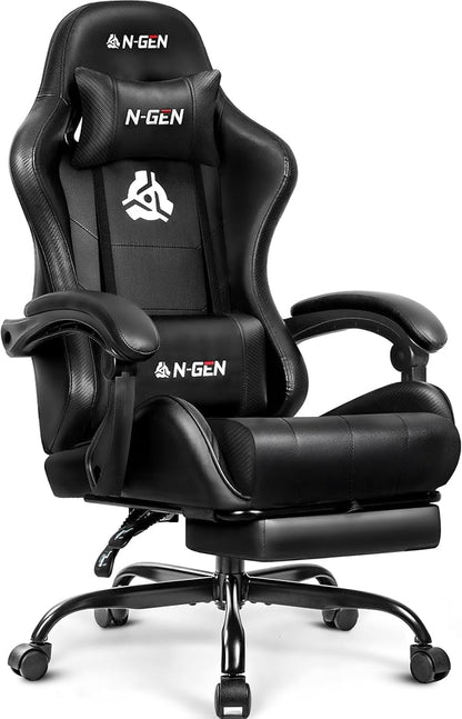 N-GEN GAMING Video Gaming Chair with Footrest Lumbar Support for Home Office High Back Recliner Height Adjustable Ergonomic Comfy Leather Computer Desk Chair (Deep Black)
