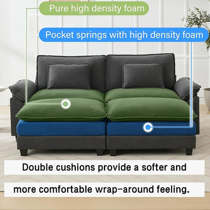 Oprisen 86" Modular Sectional Sofa, Comfy Cloud Couch Sectional Sofa with Ottoman, Velvet Sofa Sleeper Deep Seat Sofa with Throw Pillows for Living Room (Blue Grey)