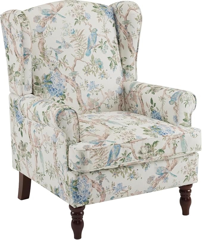 EROMMY Floral Accent Chair, Comfortable High Back Upholstered Armchair with Solid Wood Legs, Leisure Single Sofa Chair for Living Room, Bedroom, Home Office, Light Blue Floral&Bird