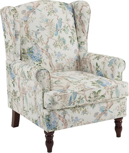 EROMMY Floral Accent Chair, Comfortable High Back Upholstered Armchair with Solid Wood Legs, Leisure Single Sofa Chair for Living Room, Bedroom, Home Office, Light Blue Floral&Bird