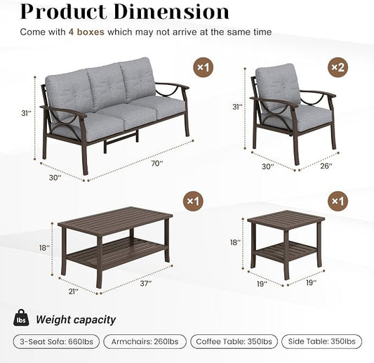 FansaFurn 5-Pieces Outdoor Patio Furniture Set, Outdoor Metal Sectional Furniture with Cushions, Outdoor Conversation Seating Set with Coffee Table for Garden, Balcony, Deck, Backyard, Grey