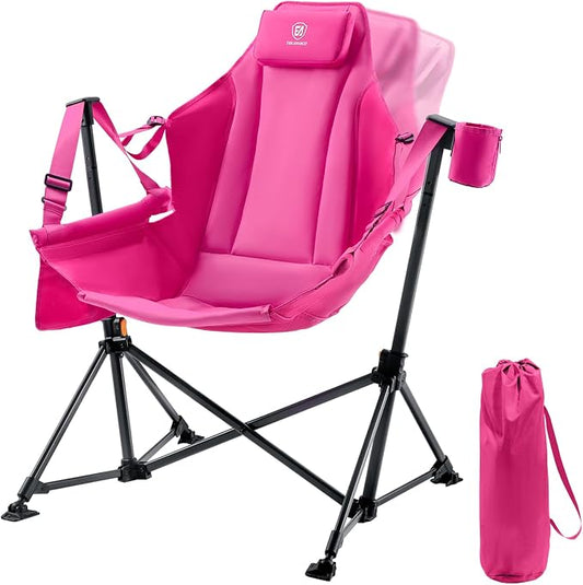 EVER ADVANCED Padded Oversized Hammock Camping Chair, Compact Heavy Duty Swing Chair with Multi-Storage Pockets, Portable Folding Rocking Camping Chair, Support Up to 400lbs, Pink