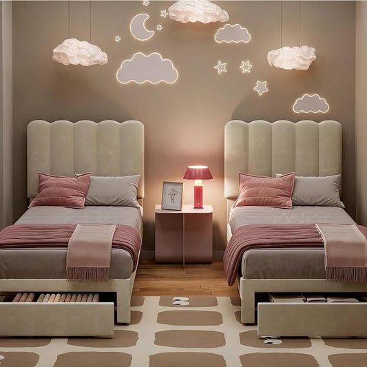 GarveeHome Twin Bed Frame with Under-Bed Drawer, Upholstered Platform Bed with Wave Headboard for Kids/Girls, Wooden Slats Support, No Box Spring Needed, Velvet Beige, 2 Sets