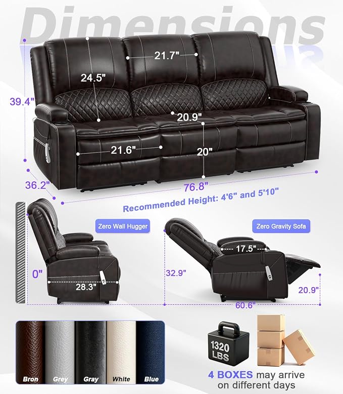 Power Loveseat Recliner Sofa, Removable Armrest 3 Seats Power Reclining Loveseat with Remote Liftable Console, Wall Hugger RV Theater Seating with Storage & USB & RGB (PU, Brown)