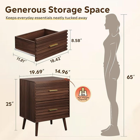 WLIVE Nightstands Set of 2, Mid Century Modern Bedside Tables with Fluted Drawers, Walnut Wood End Table with Storage for Bedroom, Accent Furniture