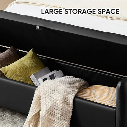 65" End of Bed Storage Bench, Modern Storage Benches for Foot of Bed with Tufted Button and Gold Legs, Upholstered Faux Leather Window Ottoman Benches with Armrests, Black