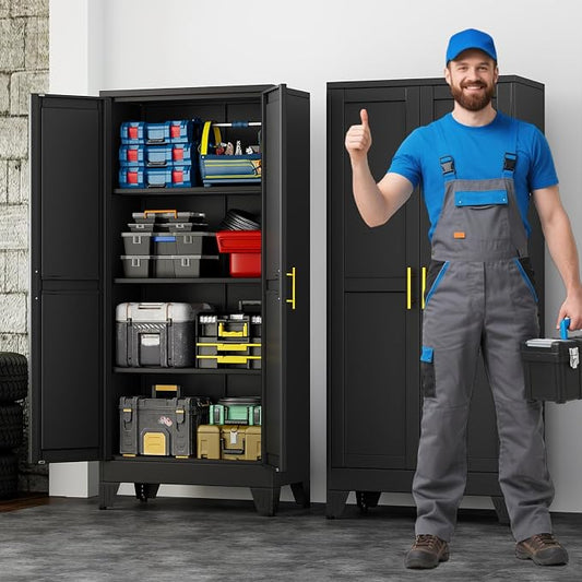 61" Metal Garage Storage Cabinet with 2 Doors and 3 Adjustable Shelves,Metal Storage Cabinets,Steel Tool Cabinets for Home,Office,Garage,Warehouse (Black, 61''H x 27''W x 14''D)