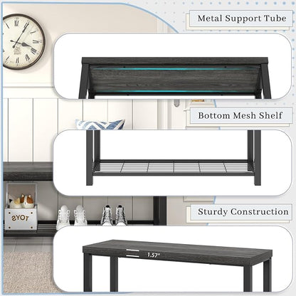 FOLUBAN Industrial Shoe Storage Bench for Entryway Hallway, Rustic Indoor Shoe Rack Bench Seat for Living Room Bedroom, 43.3 Inch Dark Gray