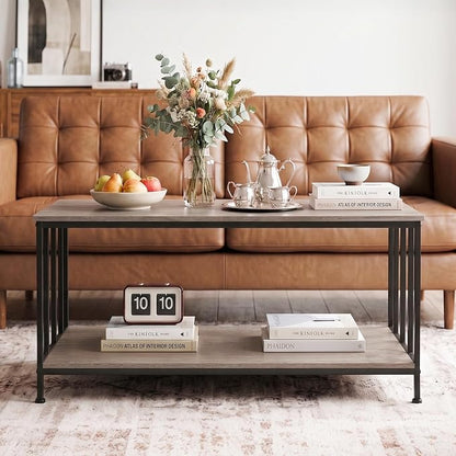 SENIG 2-Tier Coffee Table 39.4" with Slatted Sides Frame, Grey Oak | Industrial Wood and Metal Center Table for Home Office Kitchen 39.4" L x 21.7" W